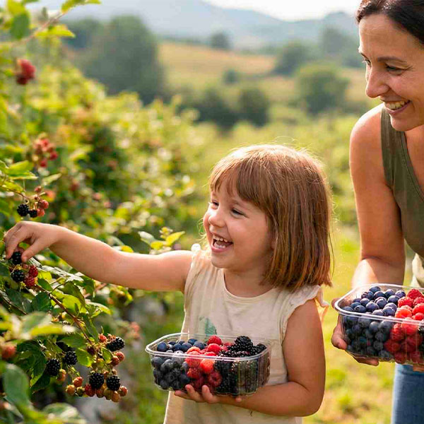 Madre y niña pequeña sonrientes recogiendo frutos rojos del arbusto con cestas en Finca El Malaín