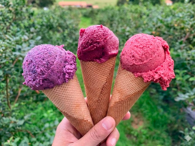 Cucuruchos con bolas de helado artesano de colores morados y rojos elaborados con frutos rojos