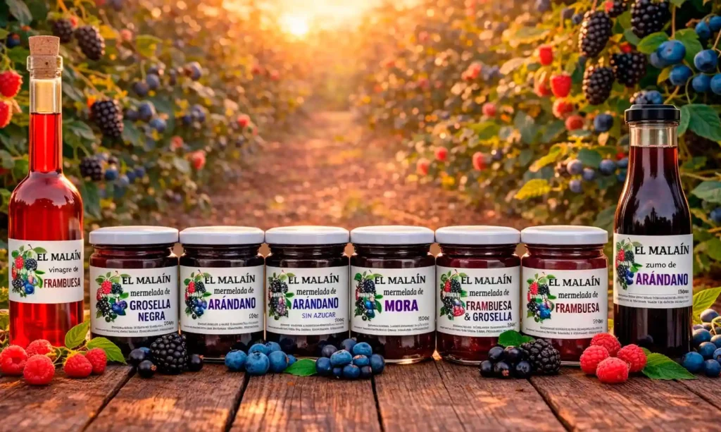 Productos de Finca El Malaín sobre mesa de madera.